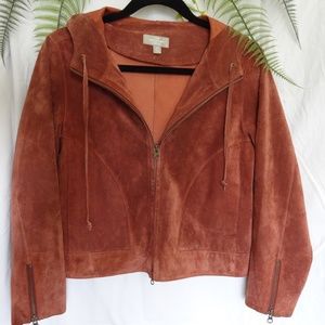 pink leather moto bomber jacket w/hood, zippers